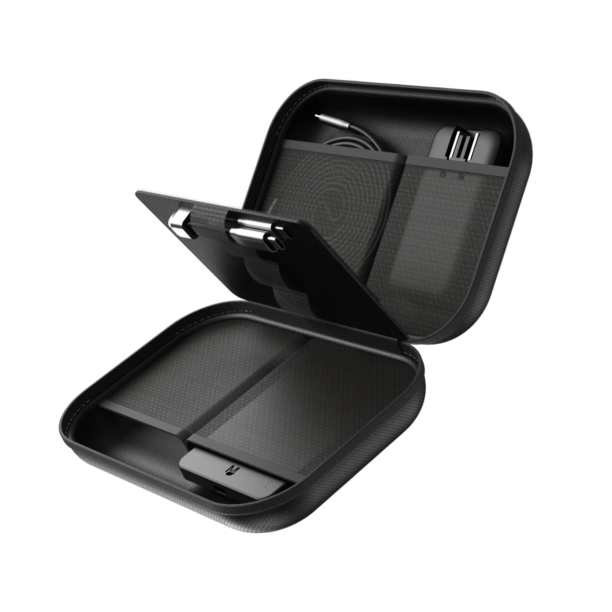 A black hard-shell zippered carrying case shown open, revealing interior compartments and slots for accessories, photographed on a clean white background.